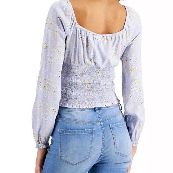 Planet Gold Juniors Square-Neck Smocked Top, shirt long sleeve Blue Fog,M, L, XL - Picture 2 of 9